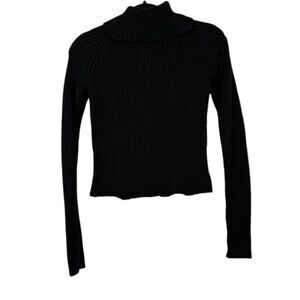 SEEK the Label Rib Knit Turtle Neck Sweater Black Raw Hem Stretch Size XS